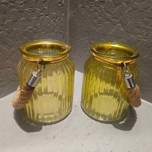 Set of 2 Nantucket Home Yellow Glass Candle Holders Lanterns with Rope Handles